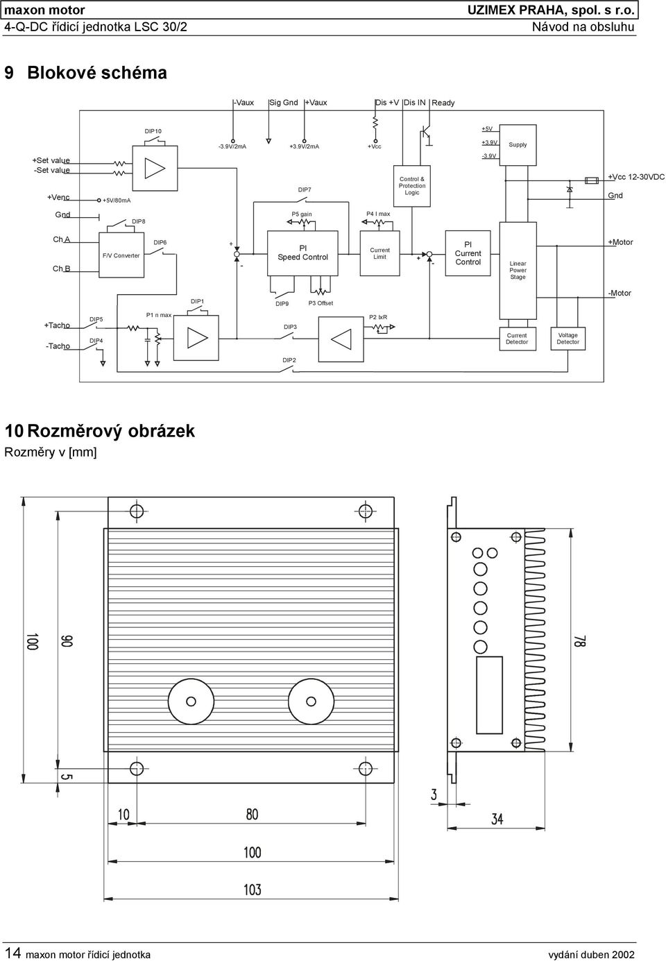 9V Supply Vcc 2-30VDC DIP8 P5 gain P4 I max Ch A Ch B F/V Converter DIP6 PI Speed Control Current Limit PI Current Control Linear Power Stage