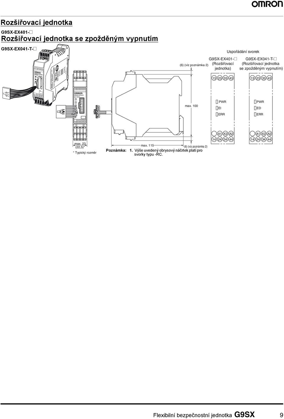 max. 100 PWR EI PWR ED ERR ERR A1 X2 A2 14 24 34 44 A1 X2 A2 A1 X2 A2 max. 23 (22,5)* * Typický rozměr Poznámka: max.