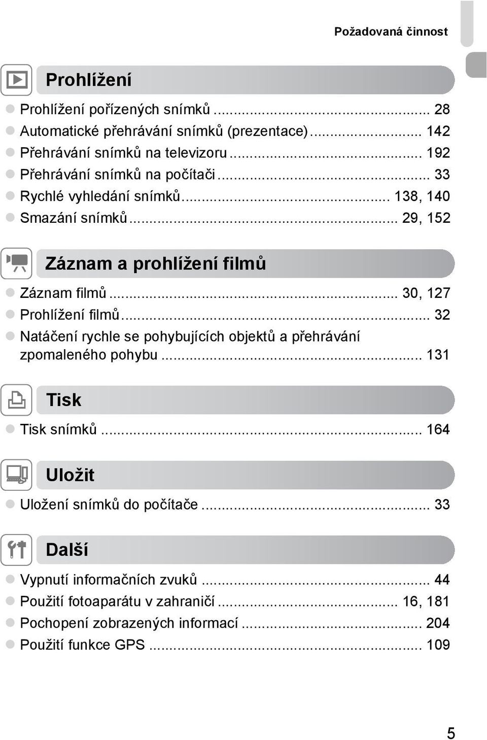 .. 30, 127 Prohlížení filmů... 32 Natáčení rychle se pohybujících objektů a přehrávání zpomaleného pohybu... 131 c Tisk Tisk snímků.