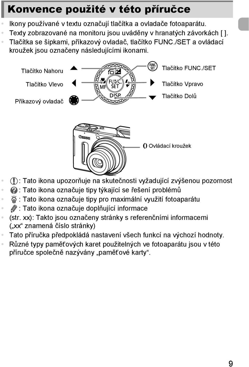 /SET Tlačítko Vpravo Tlačítko Dolů y Ovládací kroužek : Tato ikona upozorňuje na skutečnosti vyžadující zvýšenou pozornost : Tato ikona označuje tipy týkající se řešení problémů : Tato ikona označuje