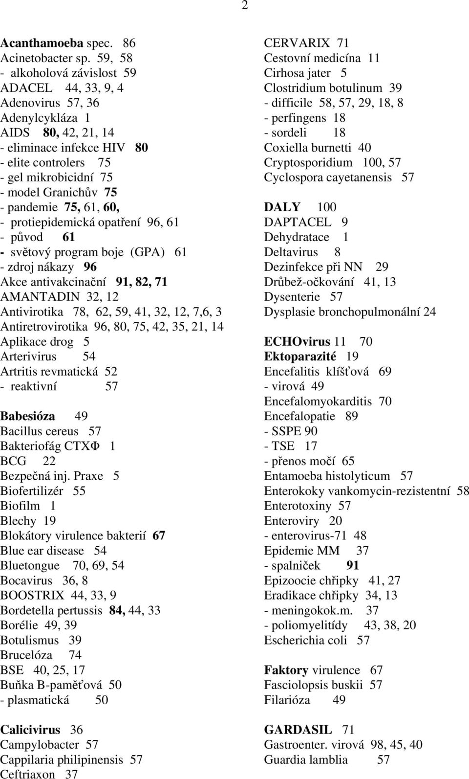 - pandemie 75, 61, 60, - protiepidemická opatření 96, 61 - původ 61 - světový program boje (GPA) 61 - zdroj nákazy 96 Akce antivakcinační 91, 82, 71 AMANTADIN 32, 12 Antivirotika 78, 62, 59, 41, 32,