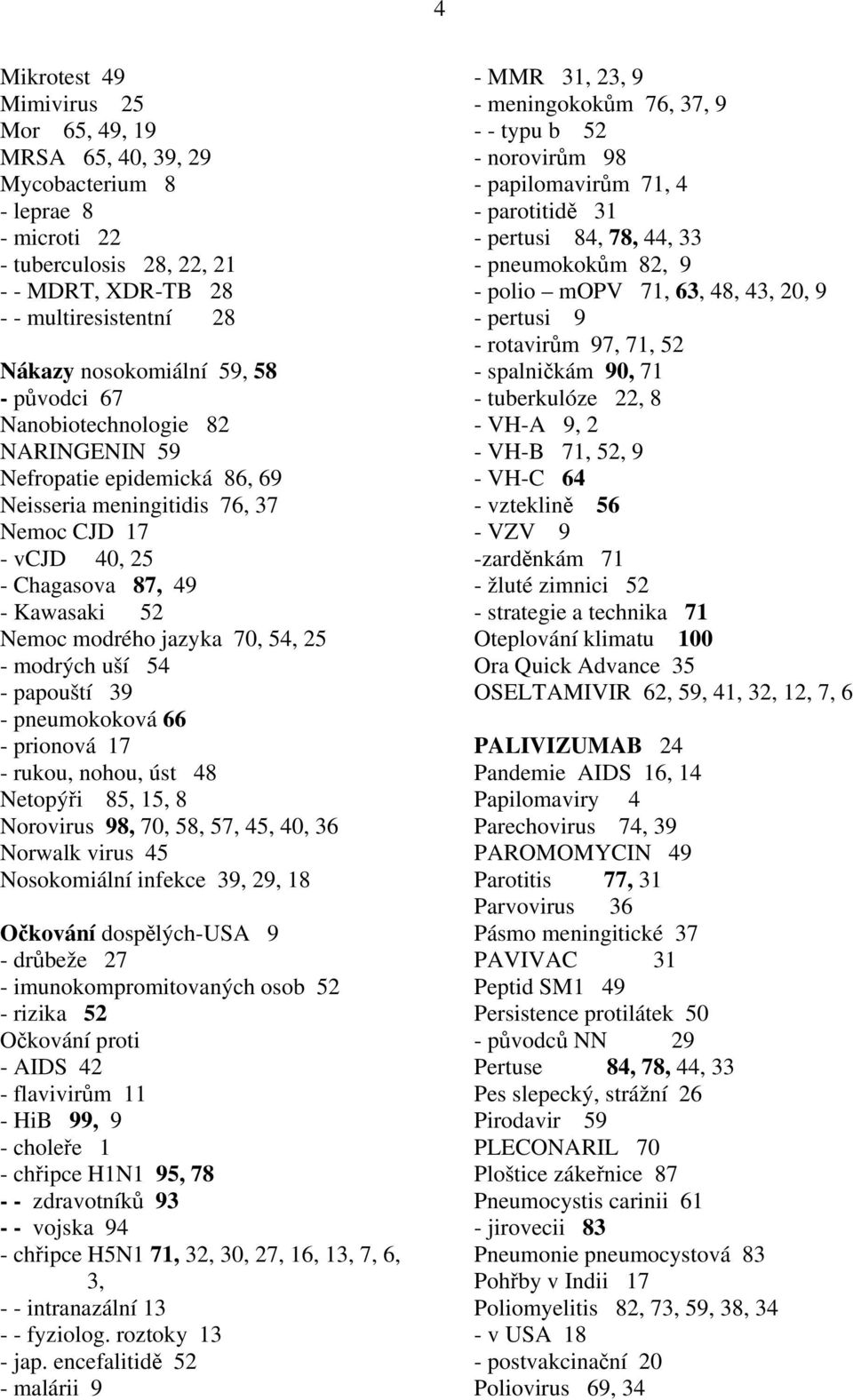 - modrých uší 54 - papouští 39 - pneumokoková 66 - prionová 17 - rukou, nohou, úst 48 Netopýři 85, 15, 8 Norovirus 98, 70, 58, 57, 45, 40, 36 Norwalk virus 45 Nosokomiální infekce 39, 29, 18 Očkování