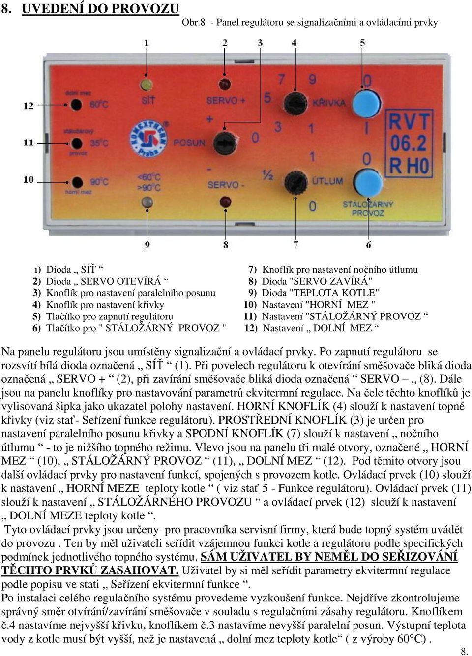 posunu 9) Dioda "TEPLOTA KOTLE" 4) Knoflík pro nastavení křivky 10) Nastavení "HORNÍ MEZ " 5) Tlačítko pro zapnutí regulátoru 11) Nastavení "STÁLOŽÁRNÝ PROVOZ 6) Tlačítko pro " STÁLOŽÁRNÝ PROVOZ "