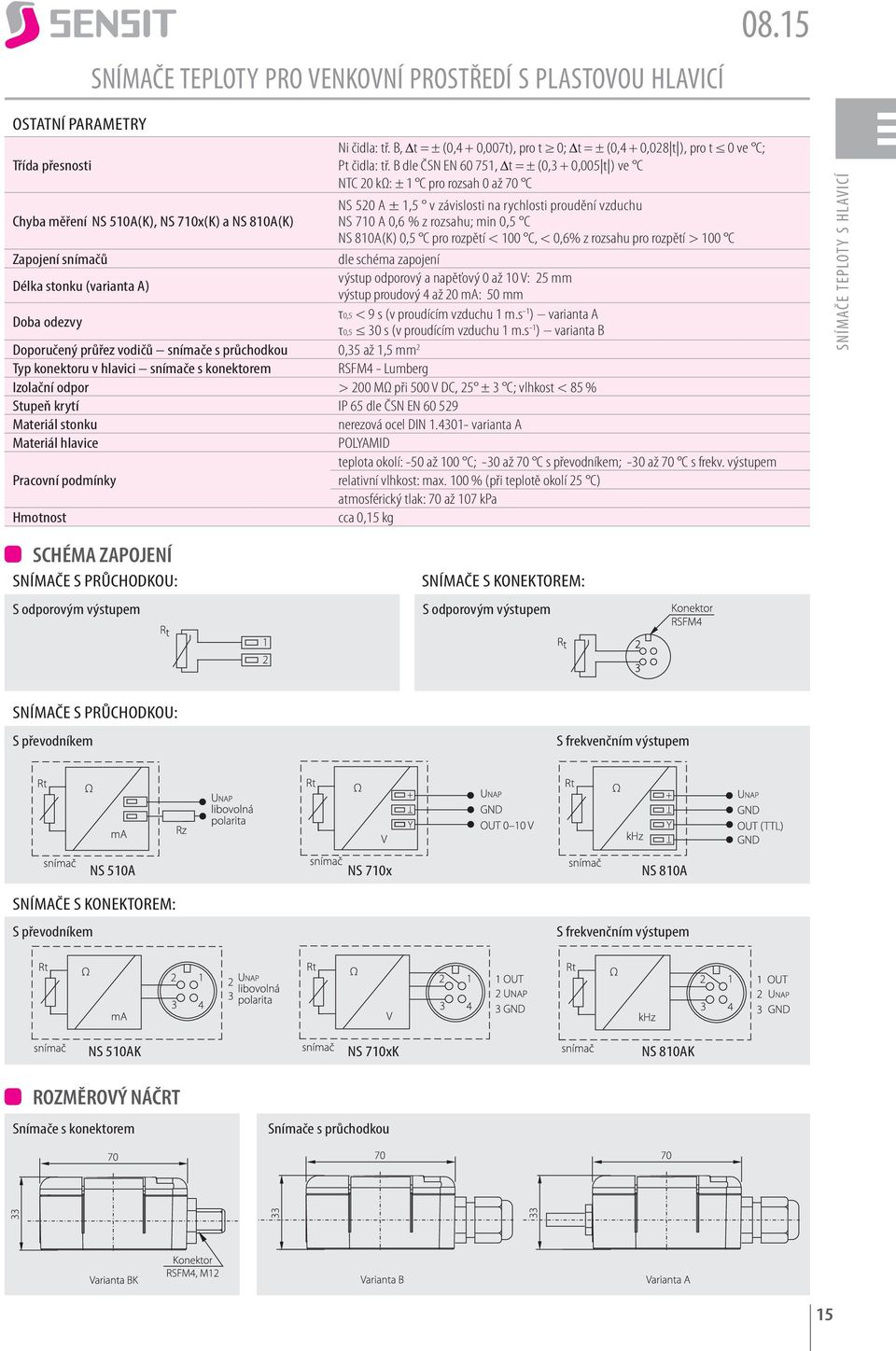 710 A 0,6 % z rozsahu; min 0,5 C NS 810A(K) 0,5 C pro rozpětí < 100 C, < 0,6% z rozsahu pro rozpětí > 100 C Zapojení snímačů dle schéma zapojení Délka stonku (varianta A) výstup odporový a napěťový 0