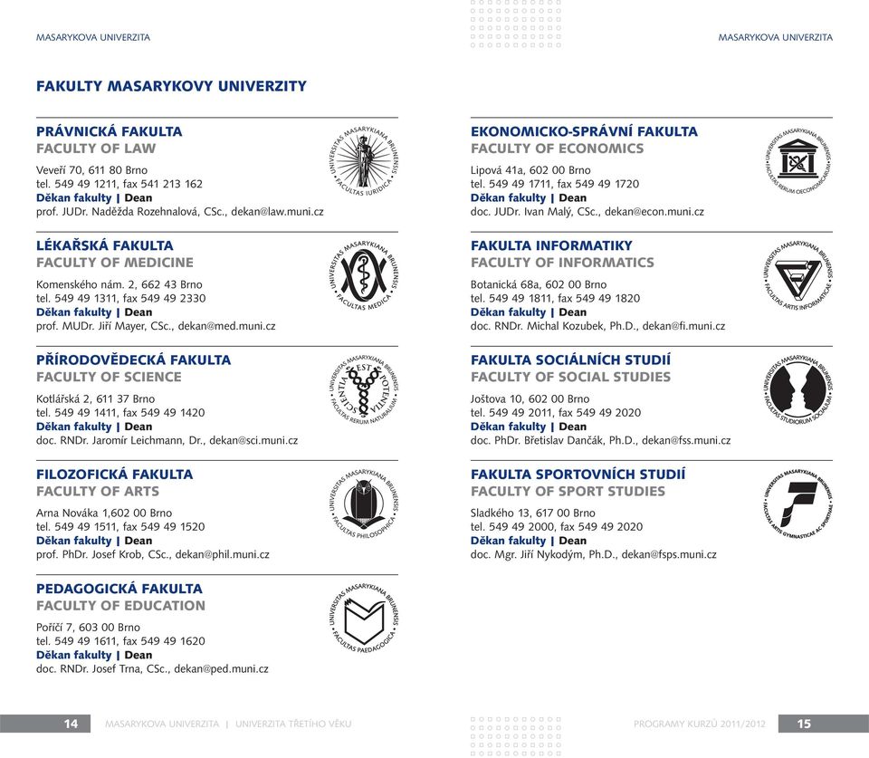 , dekan@med.muni.cz PŘÍRODOVĚDECKÁ FAKULTA FACULTY OF SCIENCE Kotlářská 2, 611 37 Brno tel. 549 49 1411, fax 549 49 1420 Děkan fakulty Dean doc. RNDr. Jaromír Leichmann, Dr., dekan@sci.muni.cz FILOZOFICKÁ FAKULTA FACULTY OF ARTS Arna Nováka 1,602 00 Brno tel.