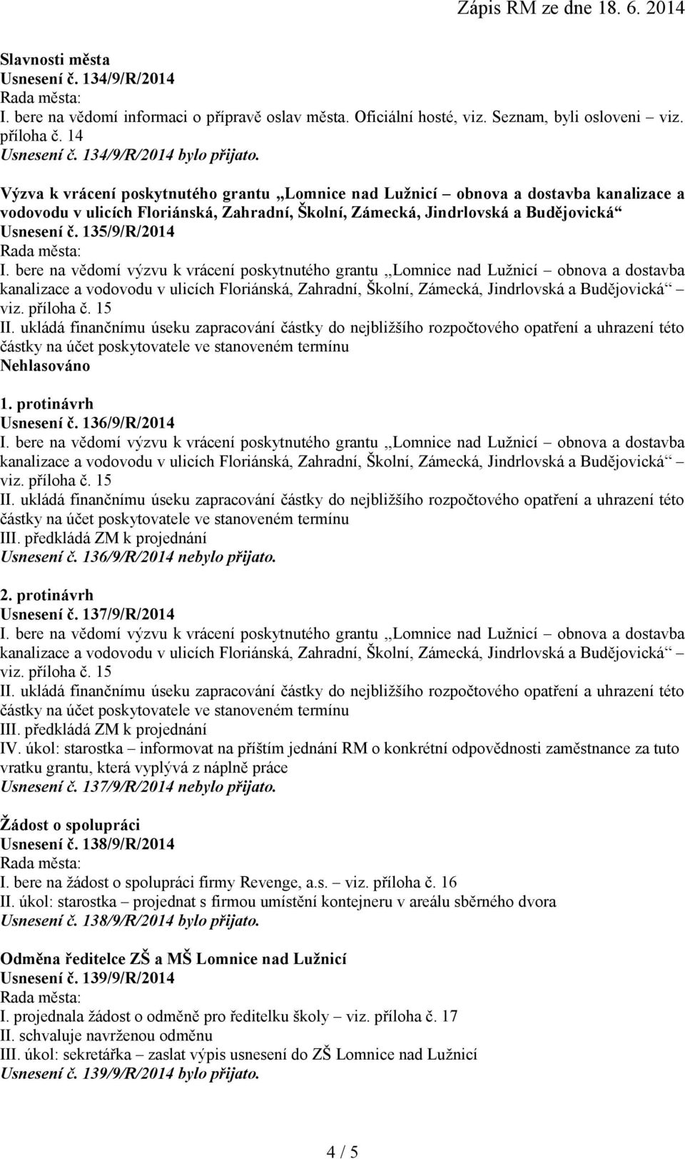 135/9/R/2014 Nehlasováno 1. protinávrh Usnesení č. 136/9/R/2014 III. předkládá ZM k projednání Usnesení č. 136/9/R/2014 nebylo přijato. 2. protinávrh Usnesení č. 137/9/R/2014 III.