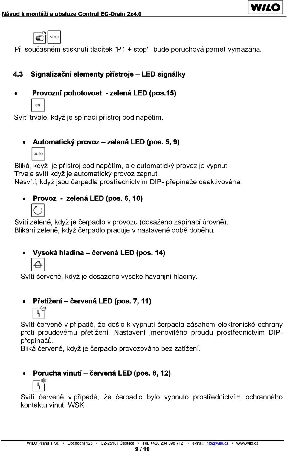 Trvale svítí když je automatický provoz zapnut. Nesvítí, když jsou čerpadla prostřednictvím DIP- přepínače deaktivována. Provoz - zelená LED (pos.