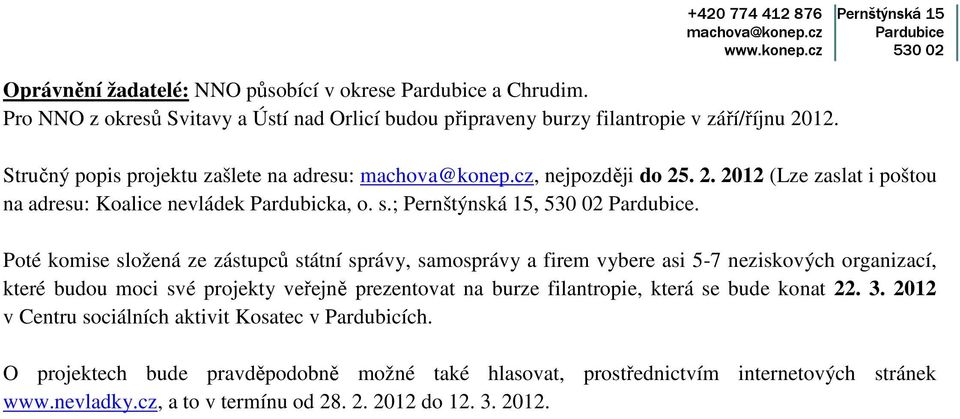 Poté komise složená ze zástupců státní správy, samosprávy a firem vybere asi 5-7 neziskových organizací, které budou moci své projekty veřejně prezentovat na burze