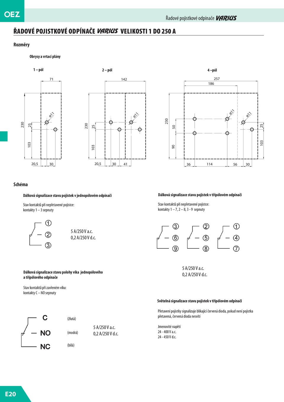 c. Dálková signalizace stavu polohy víka jednopólového a třípólového odpínače 5 A/250 V a.c. 0,2 A/250 V d.c. Stav kontaktů při zavřeném víku: kontakty C NO sepnuty (žlutá) (modrá) (bílá) 5 A/250 V a.