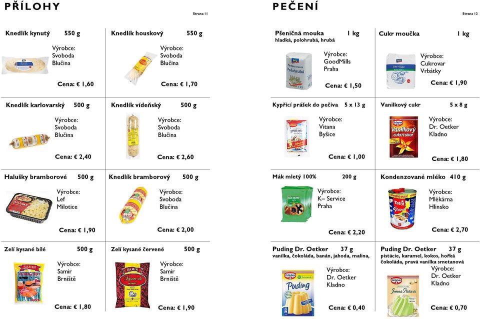 Oetker Kladno Cena: 2,40 Cena: 2,60 Cena: 1,00 Halušky bramborové 500 g Knedlík bramborový 500 g Mák mletý 100% 200 g Kondenzované mléko 410 g Lef Milotice Svoboda Blučina K Service Mlékárna Hlinsko