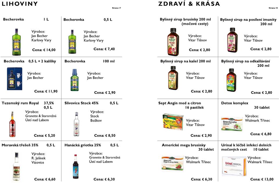 11,90 Cena: 2,80 Cena: 2,80 Tuzemský rum Royal 37,5% 0,5 L Granette & Starorežná Ústí nad Labem Slivovice Stock 45% 0,5 L Stock Božkov Sept Angin med a citron 16 pastilek Detox komplex 30 tablet