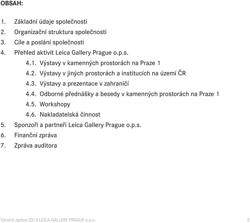 Výstavy v jiných prostorách a institucích na území ČR 4.3. Výstavy a prezentace v zahraničí 4.4. Odborné přednášky a besedy v kamenných prostorách na Praze 1 4.