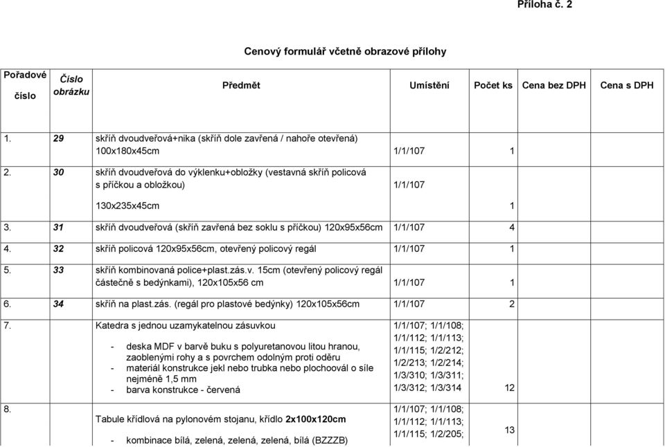 30 skříň dvoudveřová do výklenku+obložky (vestavná skříň policová s příčkou a obložkou) 1/1/107 130x235x45cm 1 3. 31 skříň dvoudveřová (skříň zavřená bez soklu s příčkou) 120x95x56cm 1/1/107 4 4.