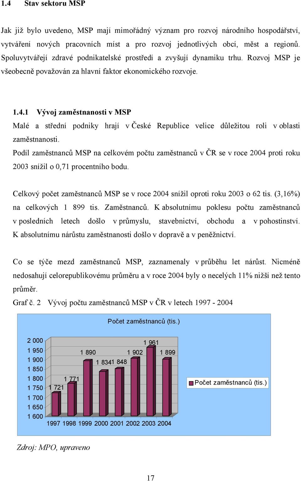 1 Vývoj zaměstnanosti v MSP Malé a střední podniky hrají v České Republice velice důležitou roli v oblasti zaměstnanosti.