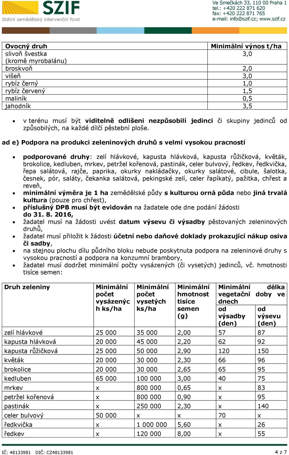 ad e) Podpora na produkci zeleninových druhů s velmi vysokou pracností podporované druhy: zelí hlávkové, kapusta hlávková, kapusta růžičková, květák, brokolice, kedluben, mrkev, petržel kořenová,