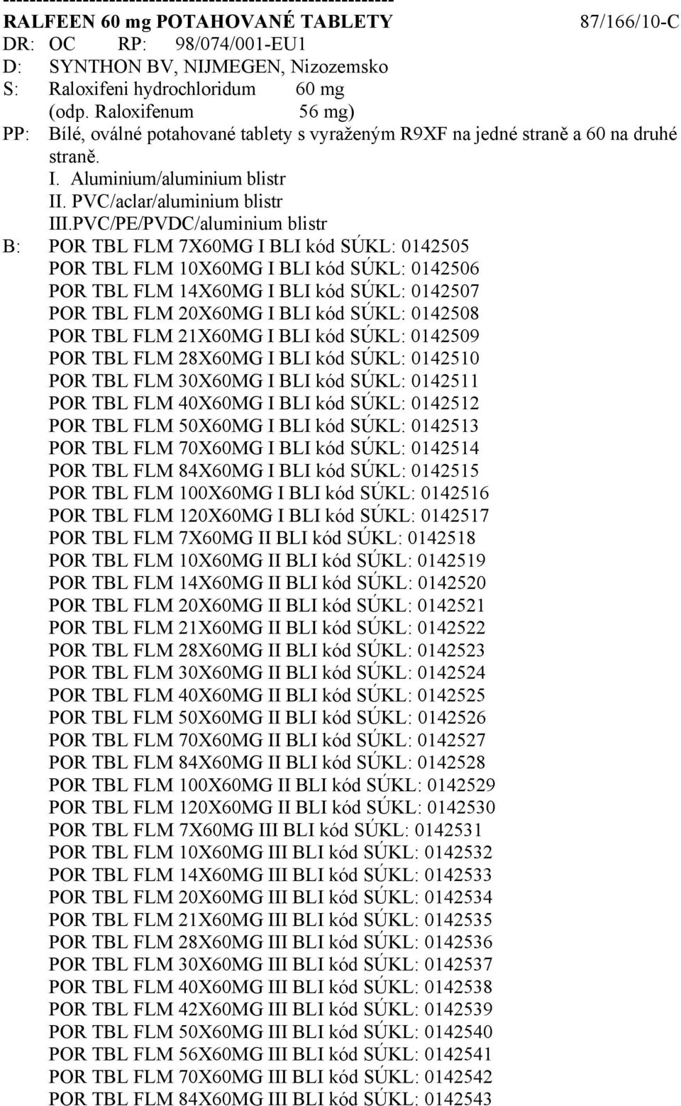 PVC/PE/PVDC/aluminium blistr B: POR TBL FLM 7X60MG I BLI kód SÚKL: 0142505 POR TBL FLM 10X60MG I BLI kód SÚKL: 0142506 POR TBL FLM 14X60MG I BLI kód SÚKL: 0142507 POR TBL FLM 20X60MG I BLI kód SÚKL: