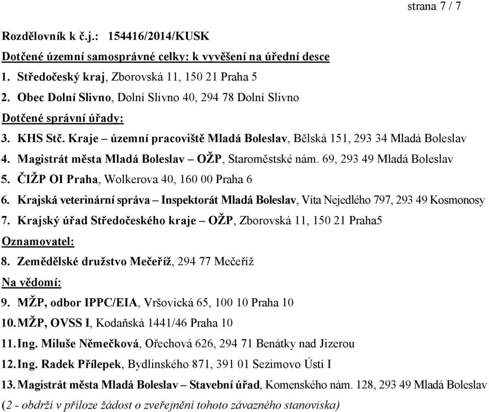 Magistrát města Mladá Boleslav OŽP, Staroměstské nám. 69, 293 49 Mladá Boleslav 5. ČIŽP OI Praha, Wolkerova 40, 160 00 Praha 6 6.