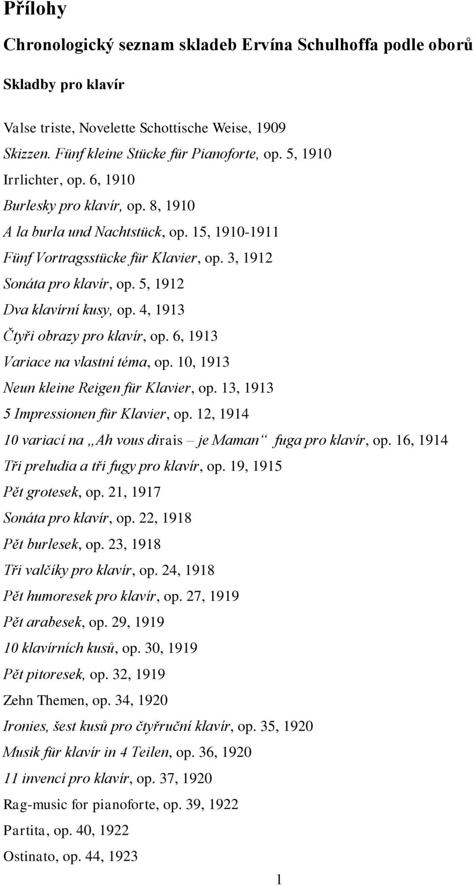 5, 1912 Dva klavírní kusy, op. 4, 1913 Čtyři obrazy pro klavír, op. 6, 1913 Variace na vlastní téma, op. 10, 1913 Neun kleine Reigen für Klavier, op. 13, 1913 5 Impressionen für Klavier, op.