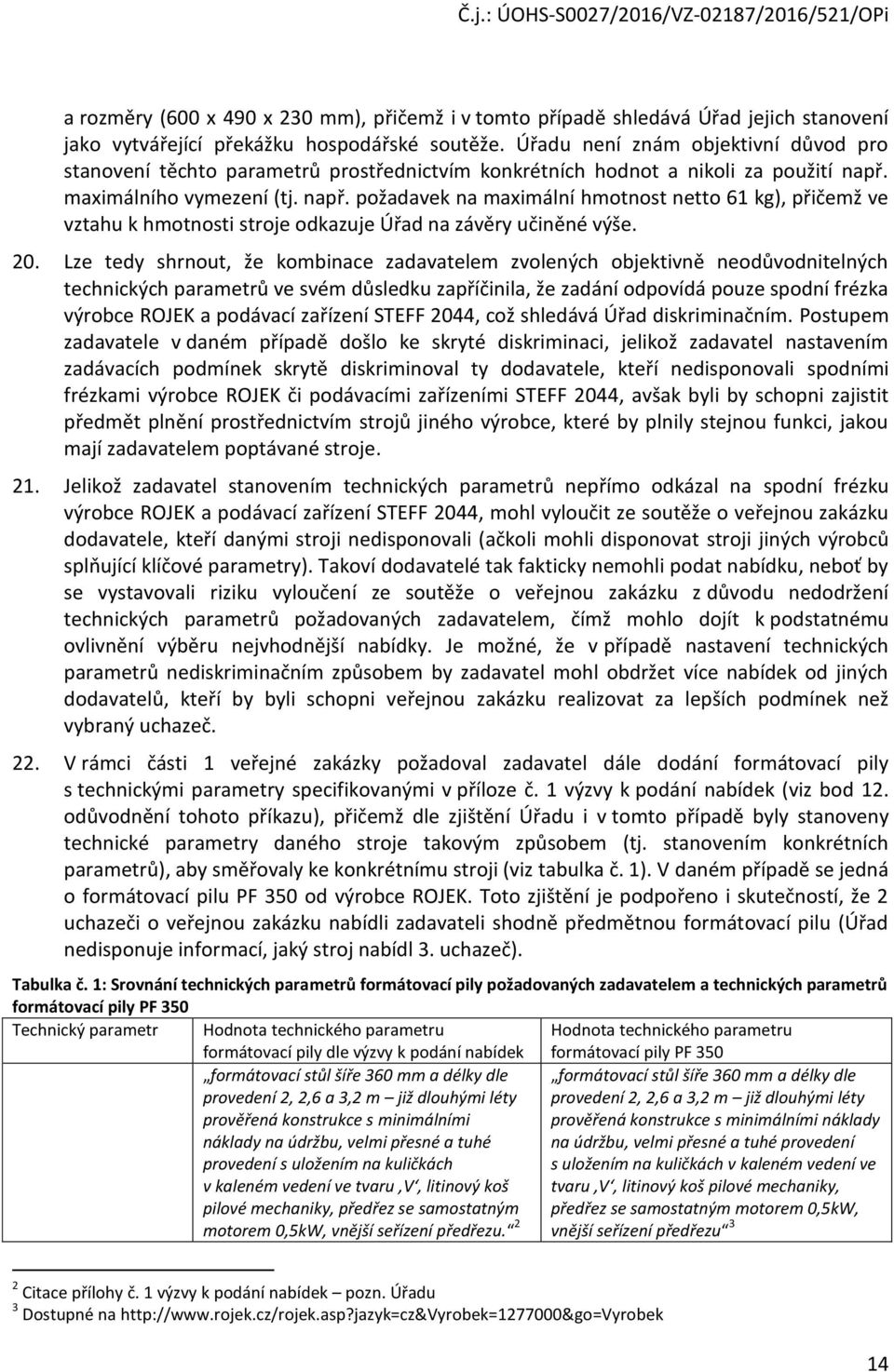 maximálního vymezení (tj. např. požadavek na maximální hmotnost netto 61 kg), přičemž ve vztahu k hmotnosti stroje odkazuje Úřad na závěry učiněné výše. 20.