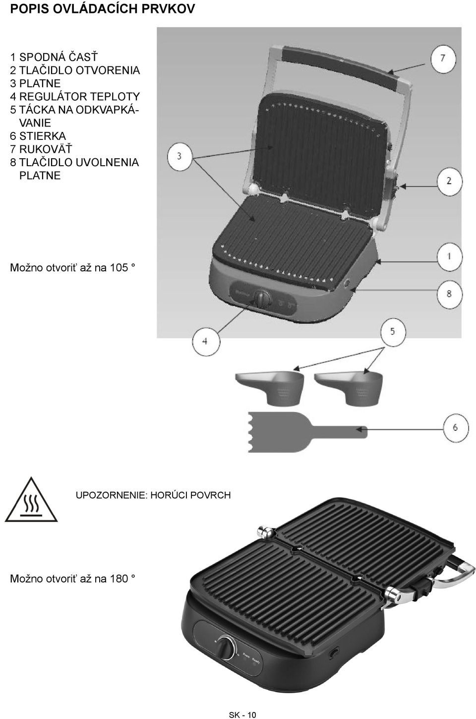 Možno otvoriť až na 105 CZ UPOZORNĚNÍ: HORKÝ POVRCH SK UPOZORNENIE: HORÚCI POVRCH