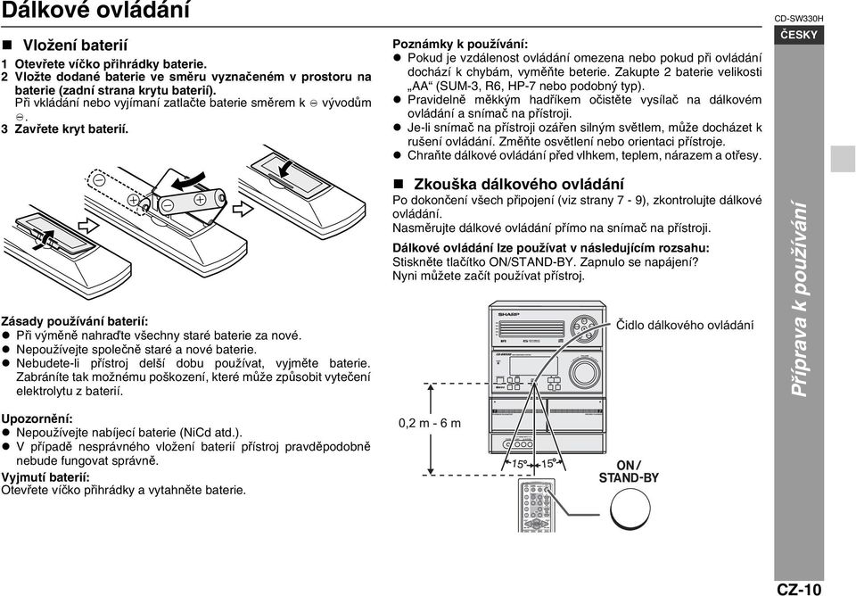 Poznámky k používání: Pokud je vzdálenost ovládání omezena nebo pokud při ovládání dochází k chybám, vyměňte beterie. Zakupte 2 baterie velikosti AA (SUM-3, R6, HP-7 nebo podobný typ).