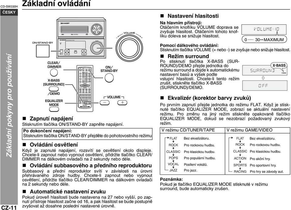 Chcete-li zapnout nebo vypnout osvětlení, přidržte tlačítko CLEAR/ DIMMER na dálkovém ovladači na 2 sekundy nebo déle.