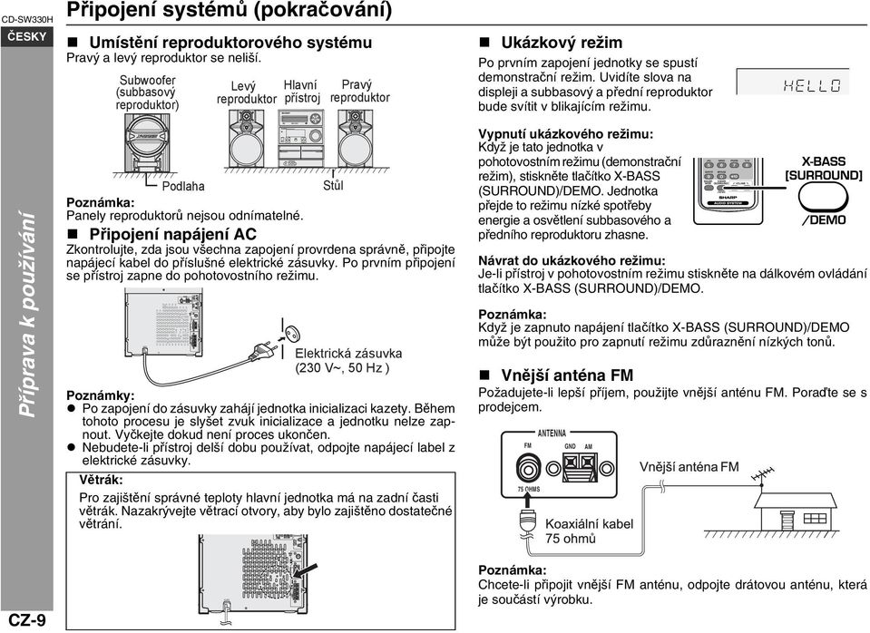 Uvidíte slova na displeji a subbasový a přední reproduktor bude svítit v blikajícím režimu. Příprava k používání Podlaha Stůl Poznámka: Panely reproduktorů nejsou odnímatelné.