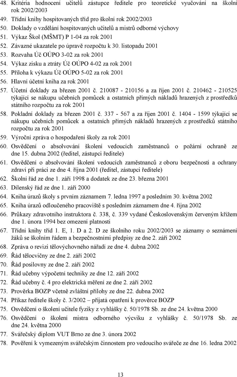 Rozvaha Úč OÚPO 3-02 za rok 2001 54. Výkaz zisku a ztráty Úč OÚPO 4-02 za rok 2001 55. Příloha k výkazu Úč OÚPO 5-02 za rok 2001 56. Hlavní účetní kniha za rok 2001 57.