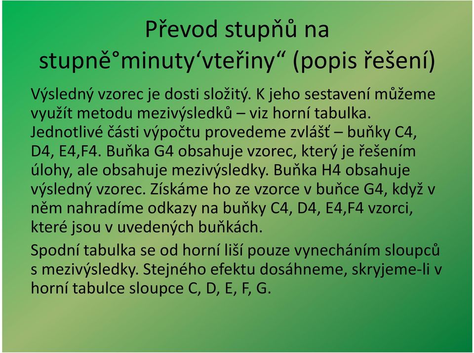 Buňka G4 obsahuje vzorec, který je řešením úlohy, ale obsahuje mezivýsledky. Buňka H4 obsahuje výsledný vzorec.