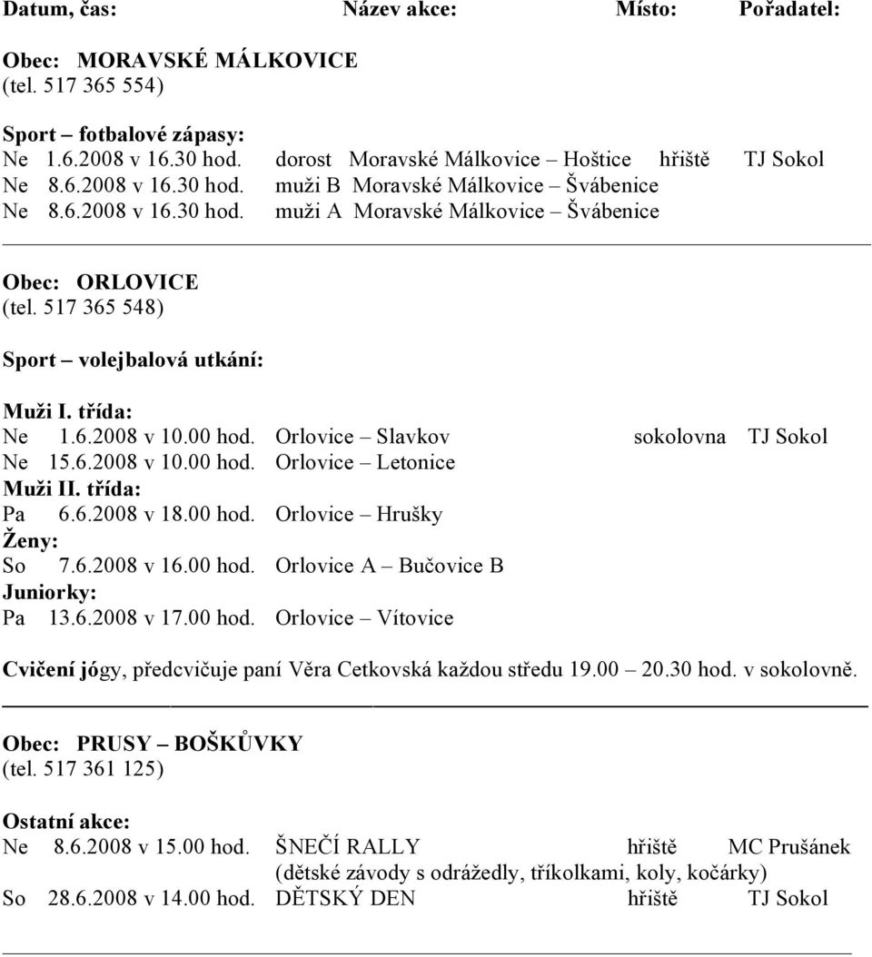 6.2008 v 16.00 hod. Orlovice A Bučovice B Juniorky: Pa 13.6.2008 v 17.00 hod. Orlovice Vítovice Cvičení jógy, předcvičuje paní Věra Cetkovská každou středu 19.00 20.30 hod. v sokolovně.