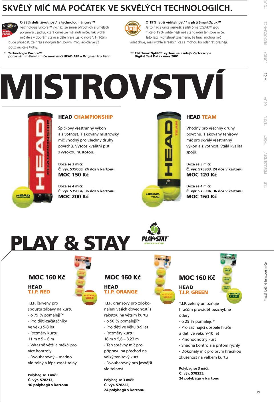 * Technologie Encore : porovnání měknutí míče mezi míči HEAD ATP a Original Pro Penn MISTROVSTVÍ HEAD CHAMPIONSHIP Špičkový všestranný výkon a životnost.