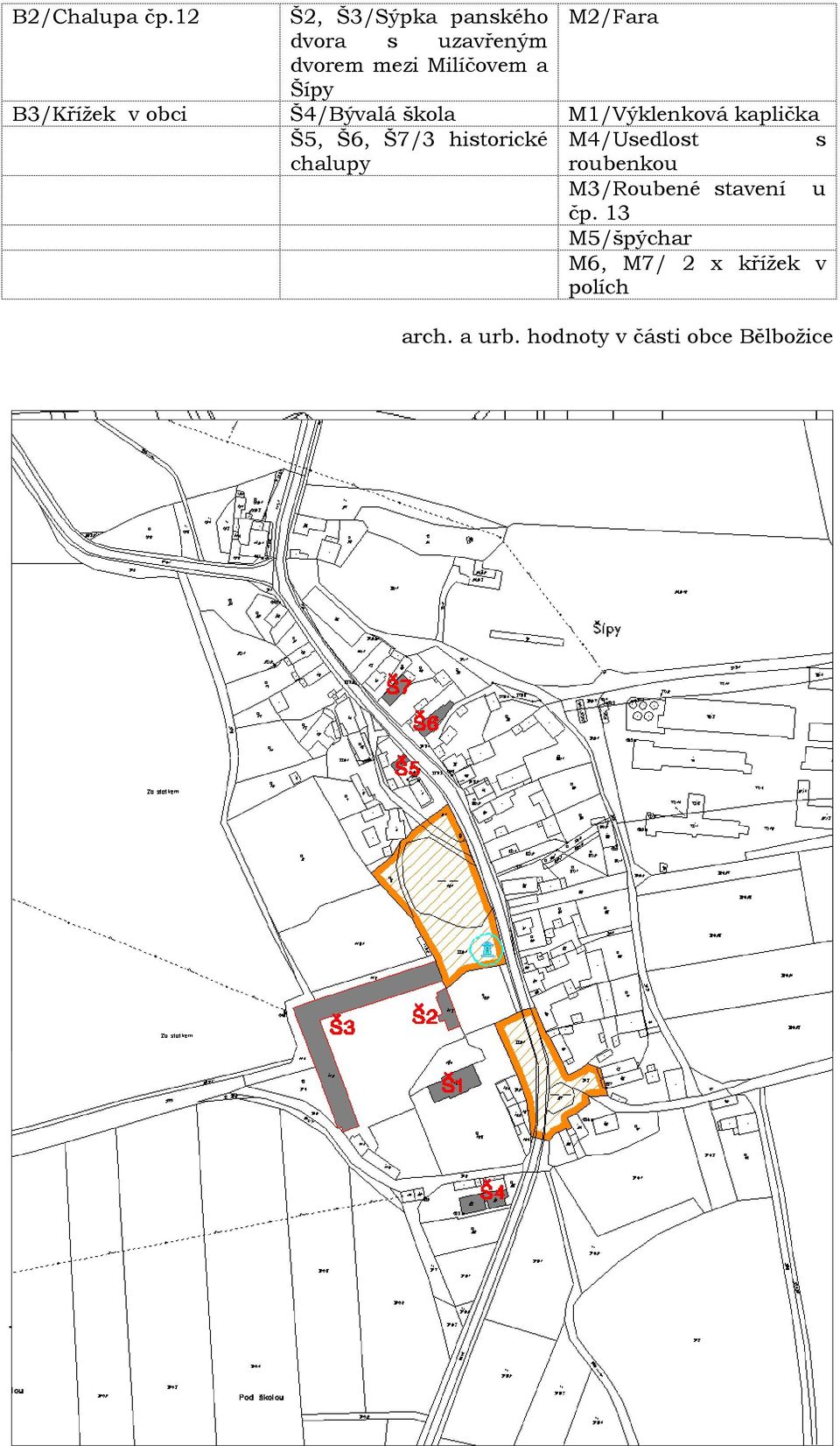 v obci Š4/Bývalá škola M1/Výklenková kaplička Š5, Š6, Š7/3 historické M4/Usedlost s