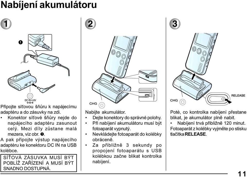 Nabijte akumulátor. Dejte konektory do správné polohy. Při nabíjení akumulátoru musí být fotoaparát vypnutý. Nevkládejte fotoaparát do kolébky obráceně.