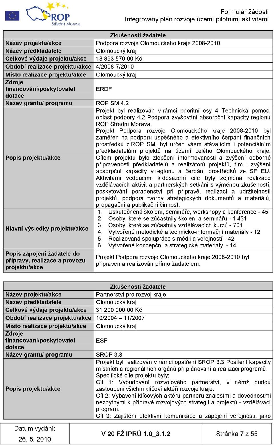 2 Projekt byl realizován v rámci prioritní osy 4 Technická pomoc, oblast podpory 4.2 Podpora zvyšování absorpční kapacity regionu ROP Střední Morava.