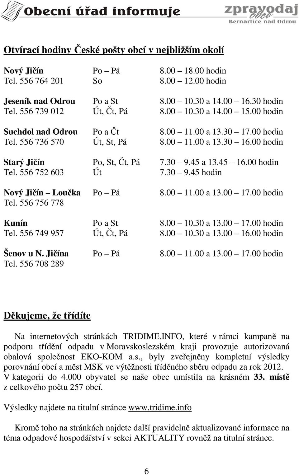 30 9.45 a 13.45 16.00 hodin Tel. 556 752 603 Út 7.30 9.45 hodin Nový Jičín Loučka Po Pá 8.00 11.00 a 13.00 17.00 hodin Tel. 556 756 778 Kunín Po a St 8.00 10.30 a 13.00 17.00 hodin Tel. 556 749 957 Út, Čt, Pá 8.