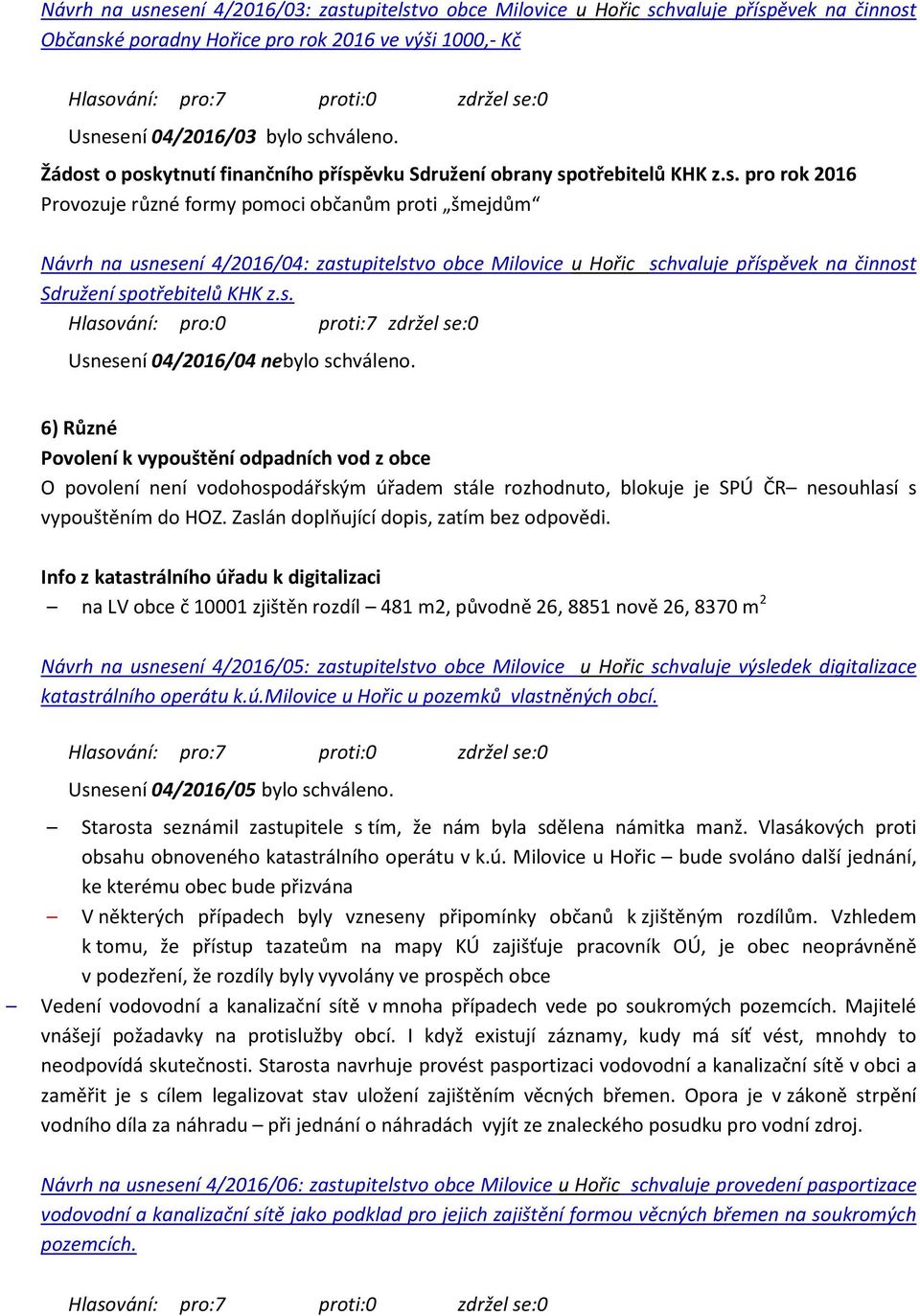 s. Hlasování: pro:0 proti:7 zdržel se:0 Usnesení 04/2016/04 nebylo schváleno.