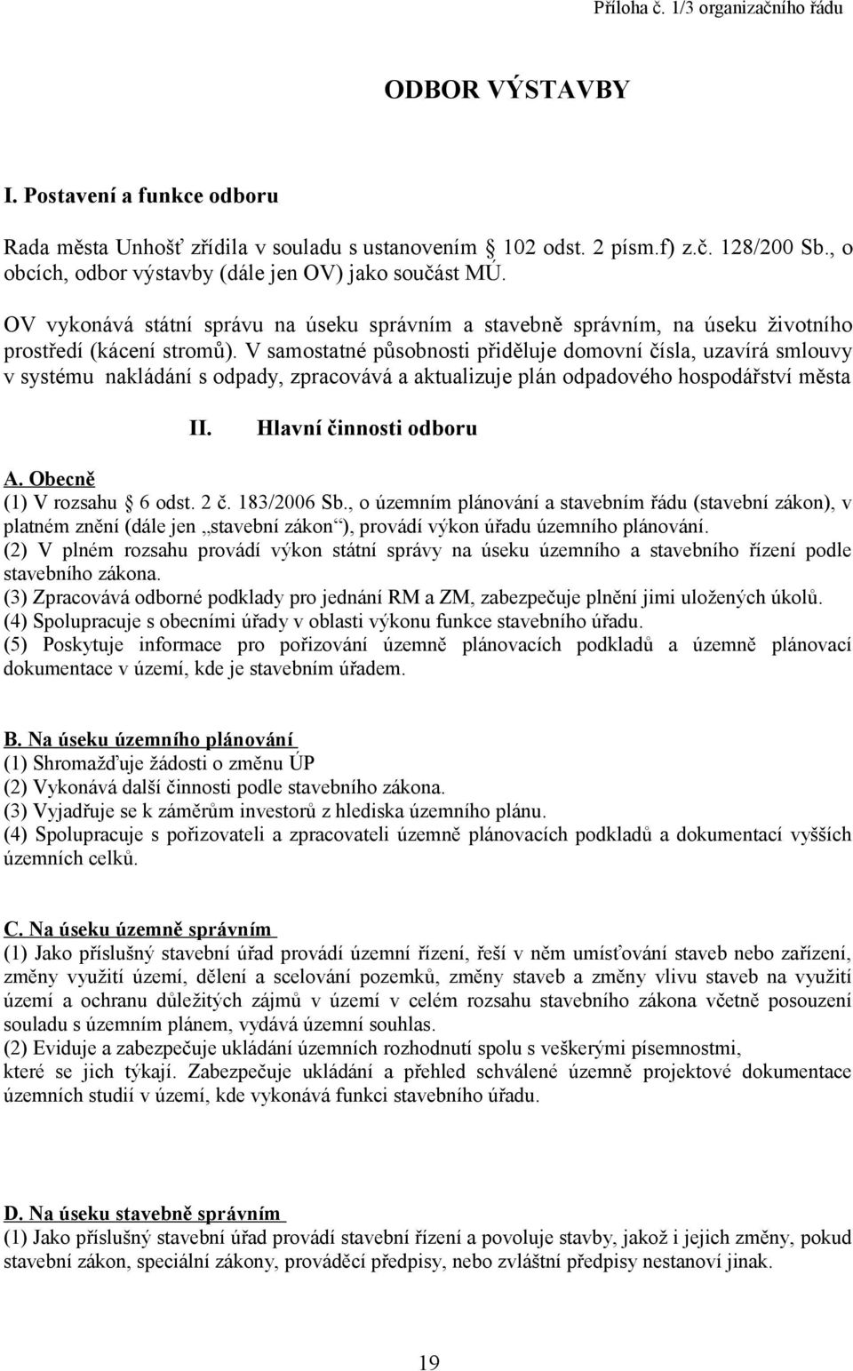 V samostatné působnosti přiděluje domovní čísla, uzavírá smlouvy v systému nakládání s odpady, zpracovává a aktualizuje plán odpadového hospodářství města II. Hlavní činnosti odboru A.