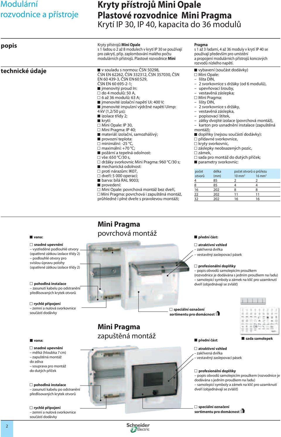 Plastové rozvodnice Mini technické údaje v souladu s normou: ČSN 50298, ČSN EN 62262, ČSN 332312, ČSN 357030, ČSN EN 60 439-3, ČSN EN 60 529, ČSN EN 60 695-2-1; jmenovitý proud In: do 4 modulů: 50 A,