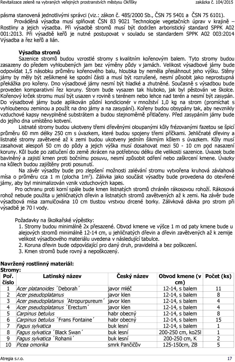 Při výsadbě keřů je nutné postupovat v souladu se standardem SPPK A02 003:2014 Výsadba a řez keřů a lián. Výsadba stromů Sazenice stromů budou vzrostlé stromy s kvalitním kořenovým balem.