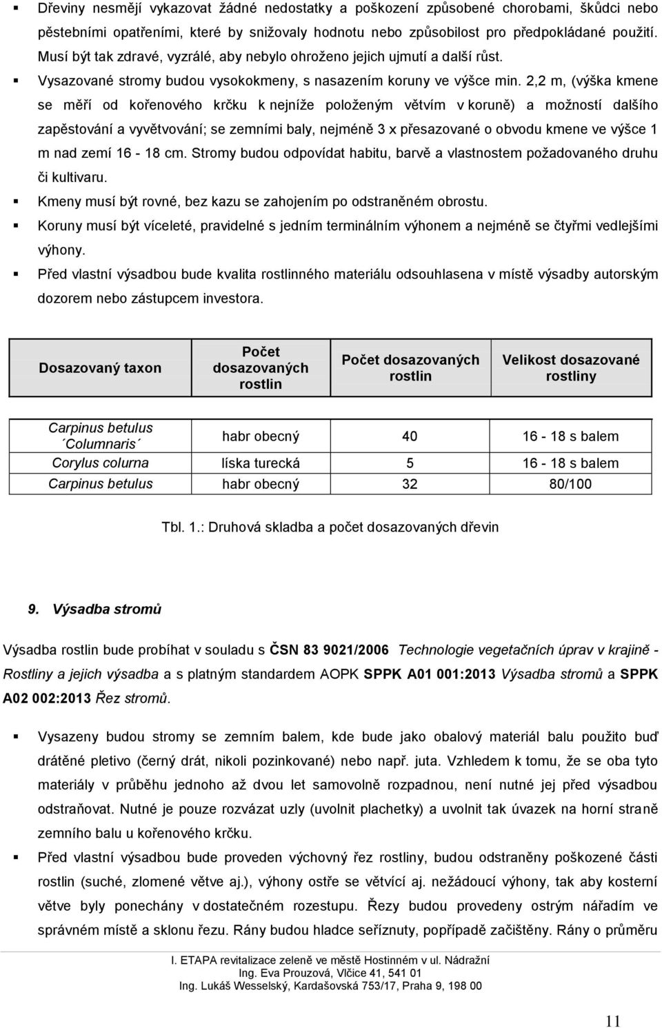 2,2 m, (výška kmene se měří od kořenového krčku k nejníže položeným větvím v koruně) a možností dalšího zapěstování a vyvětvování; se zemními baly, nejméně 3 x přesazované o obvodu kmene ve výšce 1 m