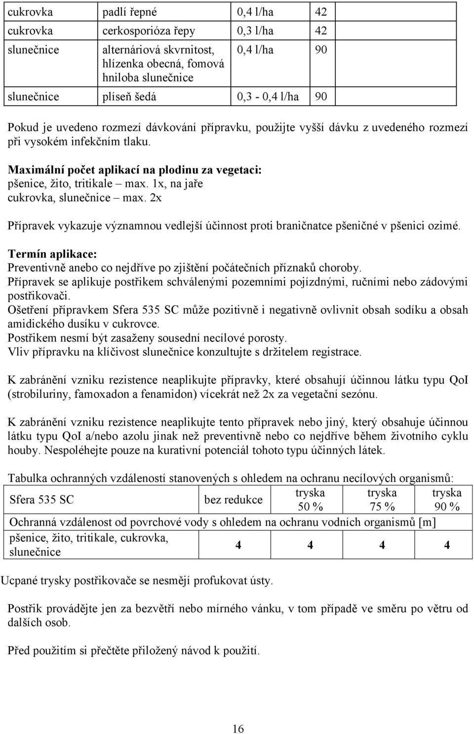 1x, na jaře cukrovka, slunečnice max. 2x Přípravek vykazuje významnou vedlejší účinnost proti braničnatce pšeničné v pšenici ozimé.