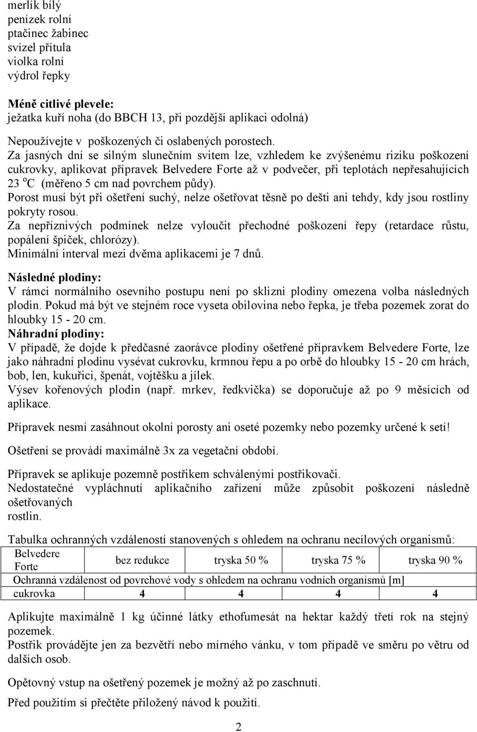 Za jasných dní se silným slunečním svitem lze, vzhledem ke zvýšenému riziku poškození cukrovky, aplikovat přípravek Belvedere Forte až v podvečer, při teplotách nepřesahujících 23 o C (měřeno 5 cm