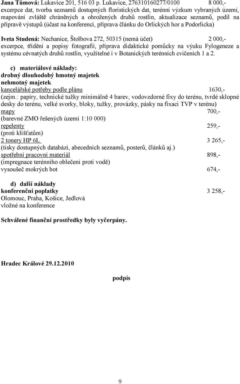 seznamů, podíl na přípravě výstupů (účast na konferenci, příprava článku do Orlických hor a Podorlicka) Iveta Studená: Nechanice, Štolbova 272, 50315 (nemá účet) 2 000,- excerpce, třídění a popisy