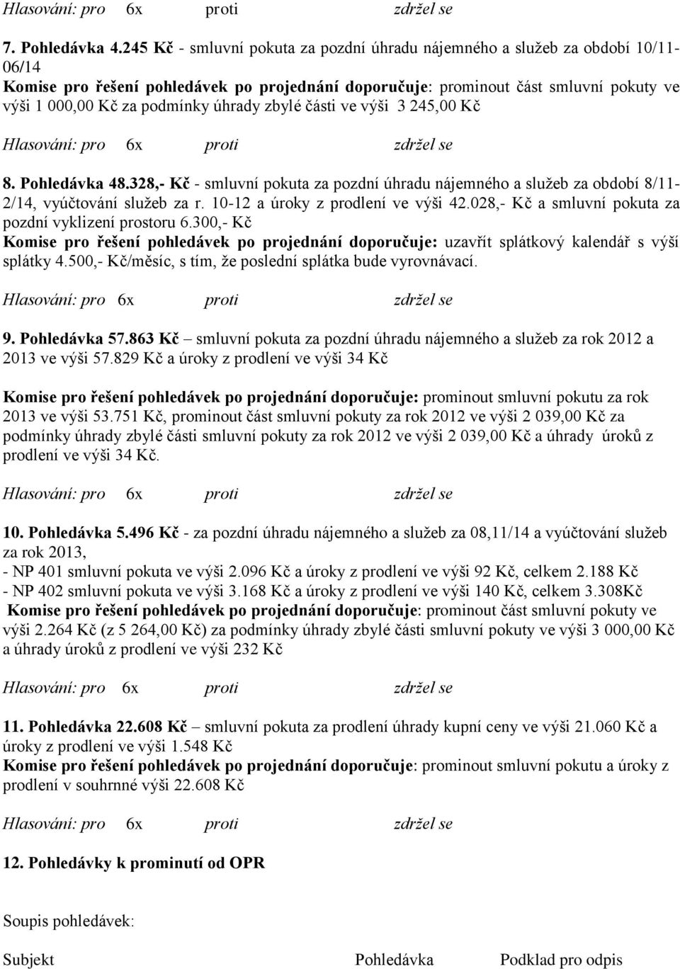 úhrady zbylé části ve výši 3 245,00 Kč 8. Pohledávka 48.328,- Kč - smluvní pokuta za pozdní úhradu nájemného a služeb za období 8/11-2/14, vyúčtování služeb za r. 10-12 a úroky z prodlení ve výši 42.