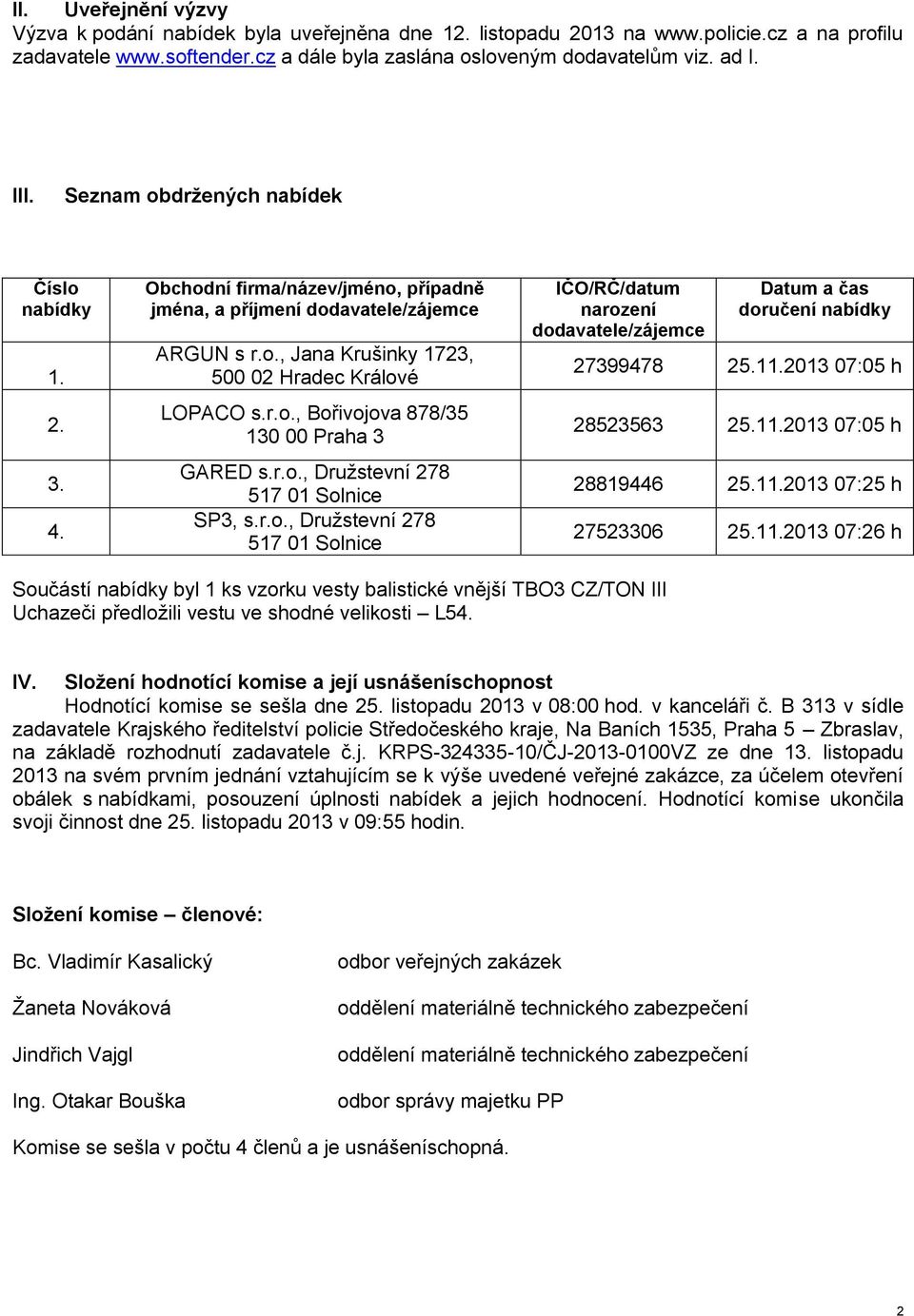 r.o., Druţstevní 278 517 01 Solnice SP3, s.r.o., Druţstevní 278 517 01 Solnice IČO/RČ/datum narození dodavatele/zájemce Datum a čas doručení nabídky 27399478 25.11.2013 07:05 h 28523563 25.11.2013 07:05 h 28819446 25.