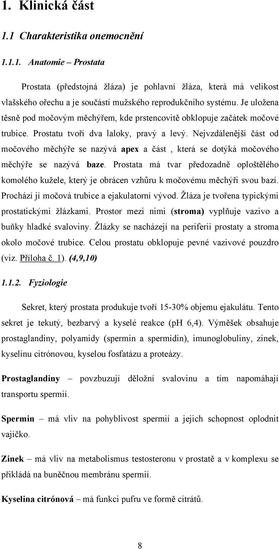 Nejvzdálenější část od močového měchýře se nazývá apex a část, která se dotýká močového měchýře se nazývá baze.