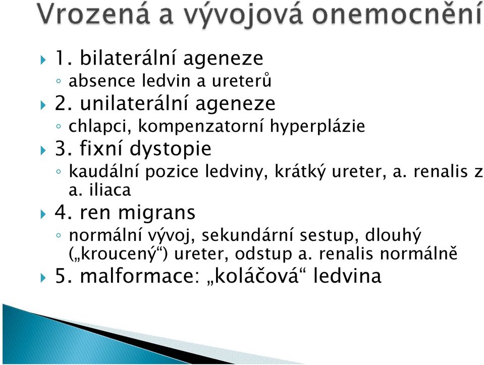 fixní dystopie kaudální pozice ledviny, krátký ureter, a. renalis z a. iliaca 4.