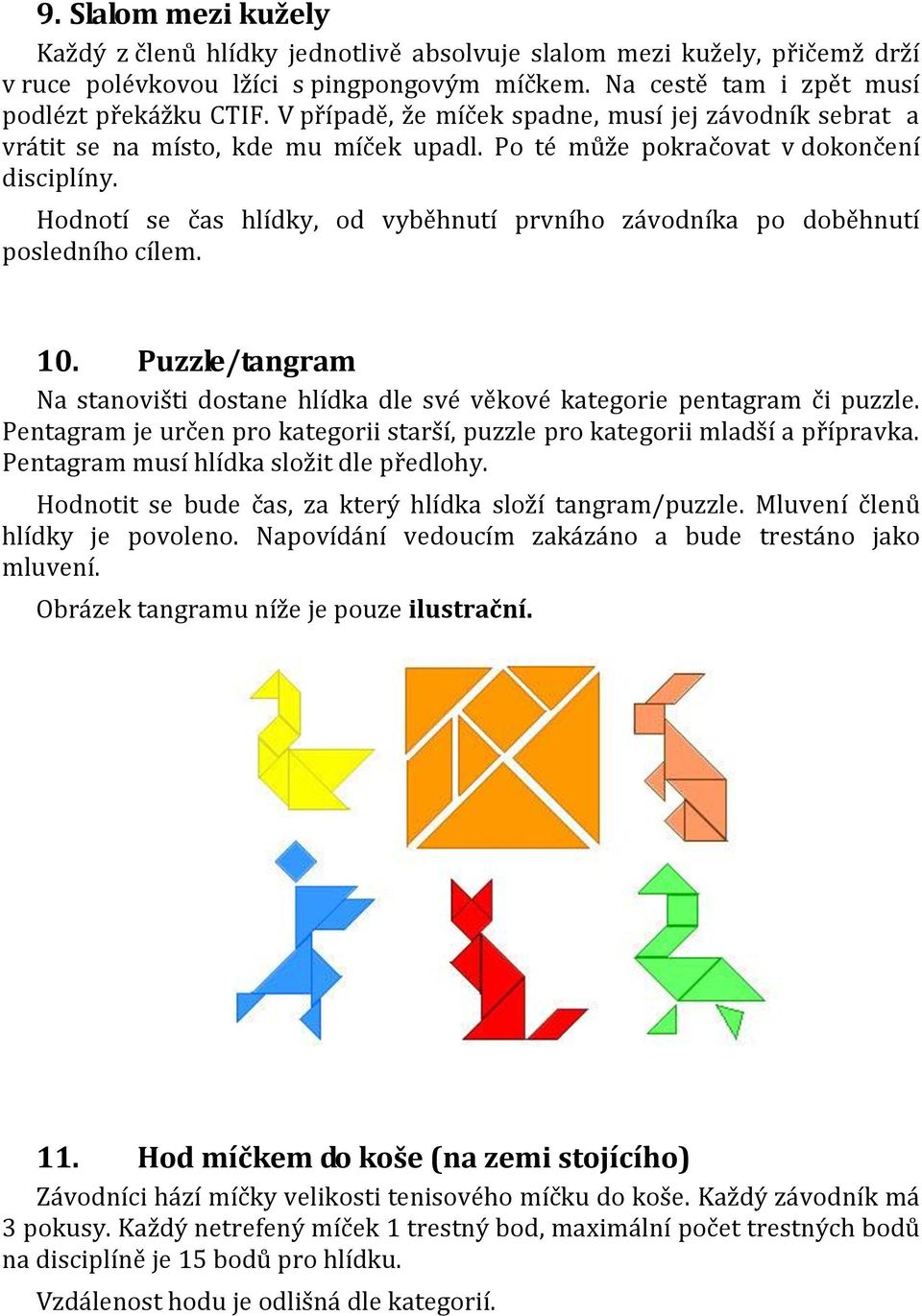 Hodnotí se čas hlídky, od vyběhnutí prvního závodníka po doběhnutí posledního cílem. 10. Puzzle/tangram Na stanovišti dostane hlídka dle své věkové kategorie pentagram či puzzle.