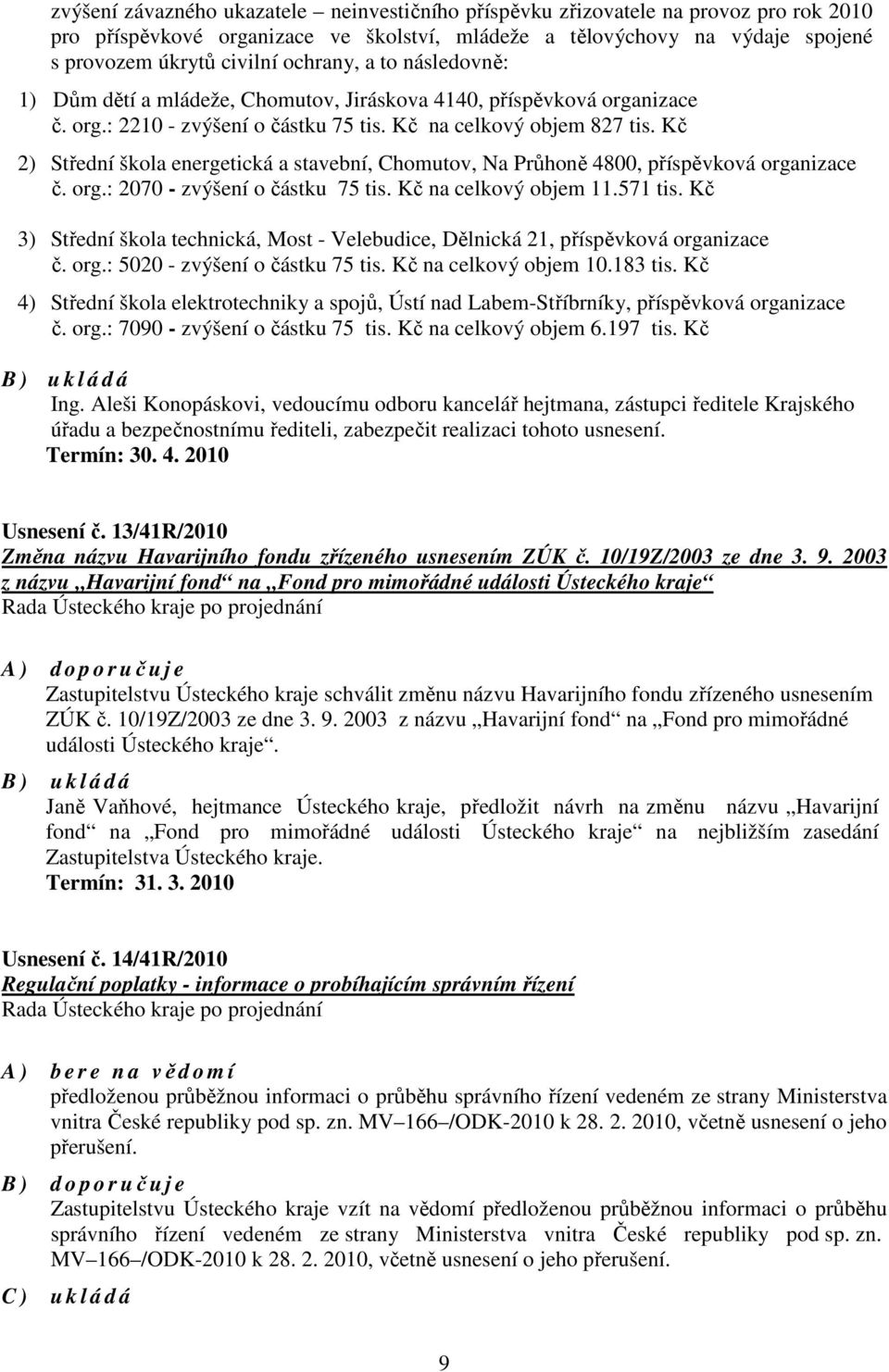 Kč 2) Střední škola energetická a stavební, Chomutov, Na Průhoně 4800, příspěvková organizace č. org.: 2070 - zvýšení o částku 75 tis. Kč na celkový objem 11.571 tis.