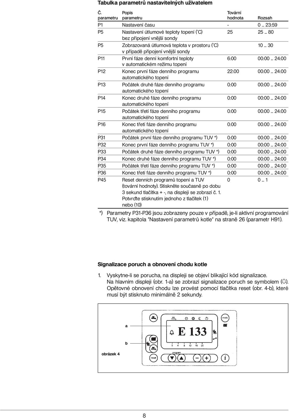 .. 24:00 v automatickém režimu topení P12 Konec první fáze denního programu 22:00 00:00... 24:00 automatického topení P13 Počátek druhé fáze denního programu 0:00 00:00.